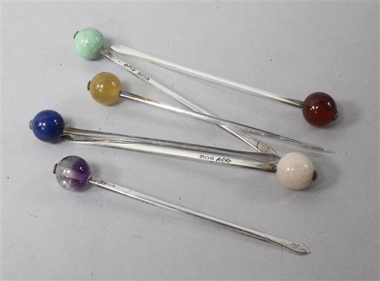 A set of six late 1920s gem set silver cocktail sticks by Liberty & Co, Birmingham, 1929, 2.75in.